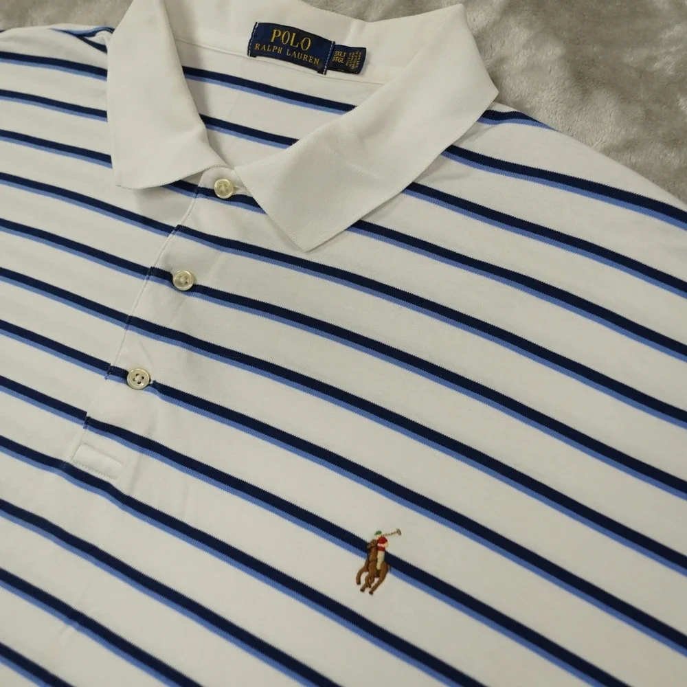 Polo Ralph Lauren Polo Shirt Men's 3XLT White Blue Stripe Preppy Golf Nautical‎